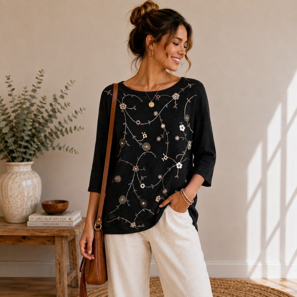 Andrea Viccaro 100% Merino Wool Sweater Women's Size M Black Embroidered Floral